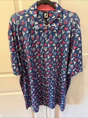 FootJoy Blue Floral Golf Polo with Pink & White Accents